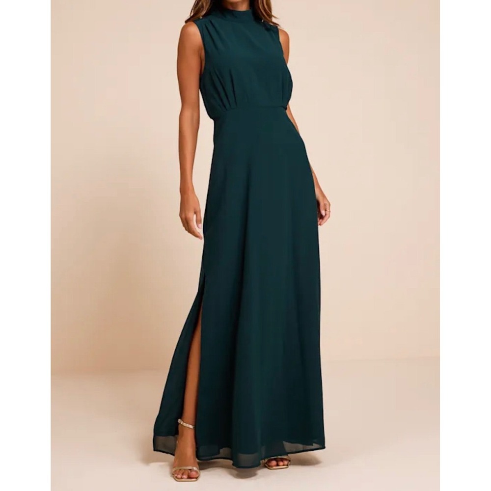Lulus Classic Elegance Emerald Green Chiffon Mock Neck Sleeveless Maxi Dress XS